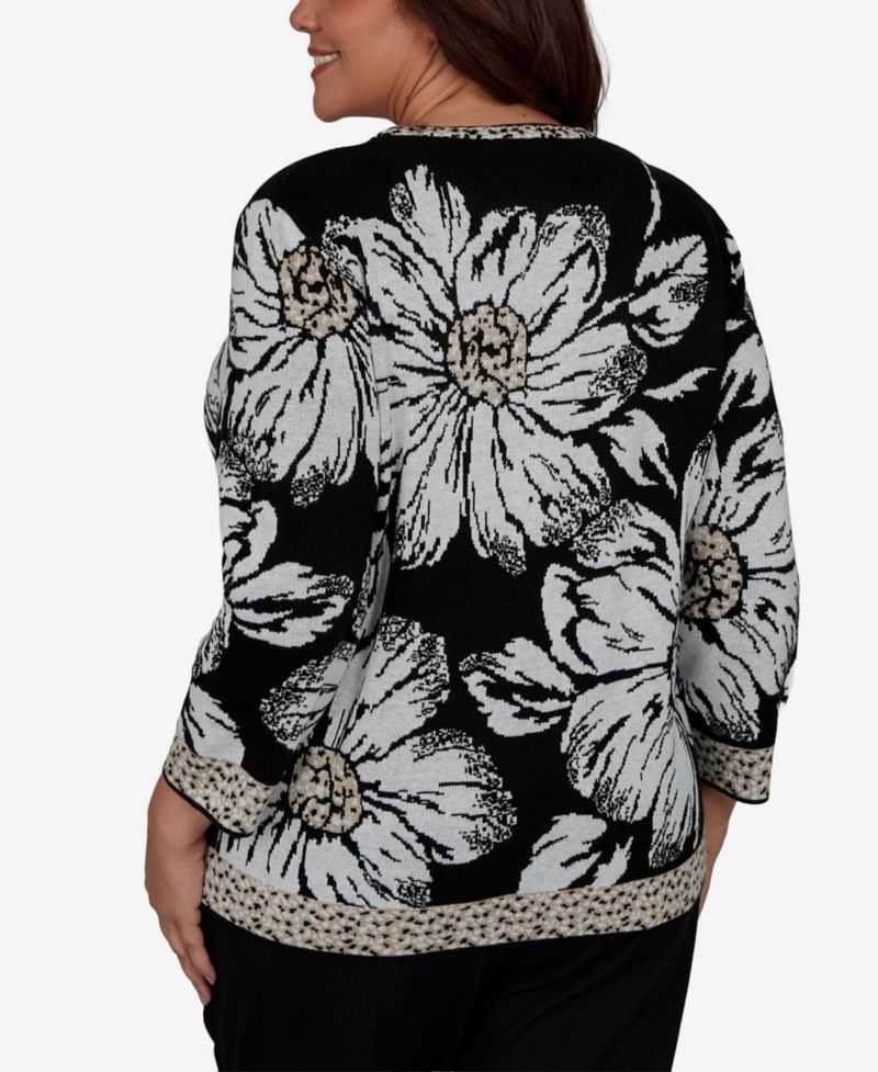 Plus Size Travel Advisory Floral 3/4-Sleeve Crewneck Sweater