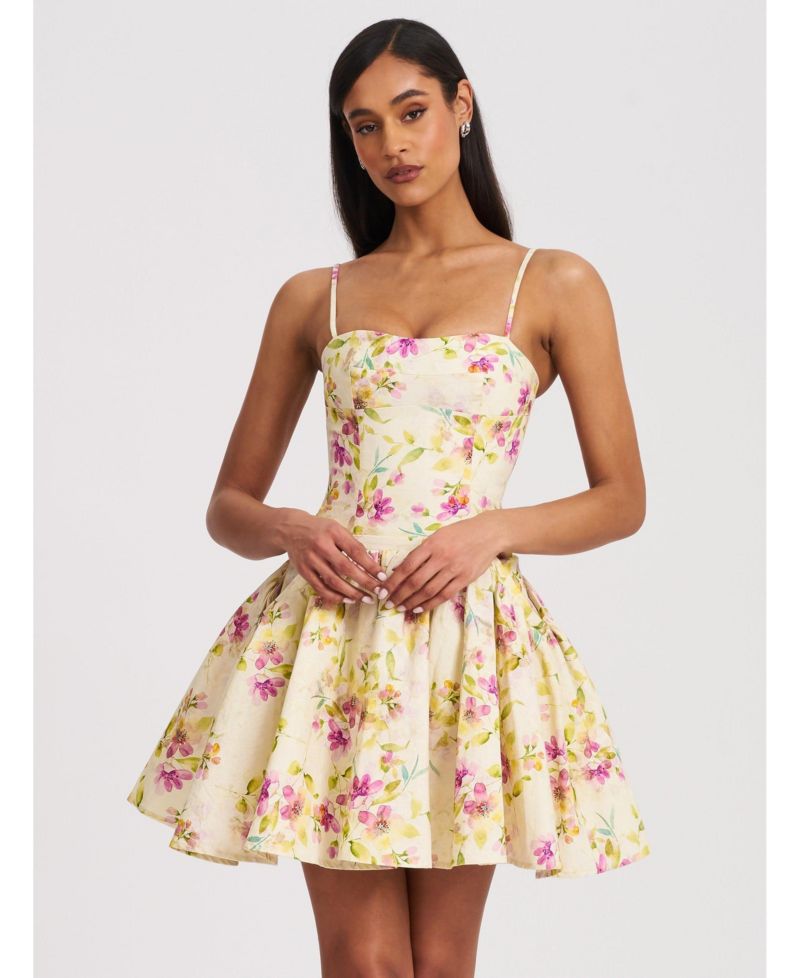 Women's Valda Yellow and Pink Print Linen Mini Dress with Pockets