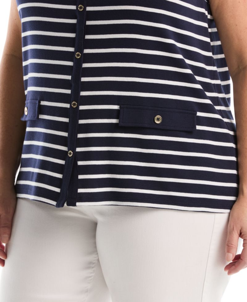 Plus Size Striped Button-Front Sleeveless Tank Top