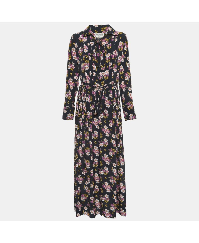 Women's Pre-Owned Zadig and Voltaire Black Floral Print Silk Pleated Button Front Maxi Dress