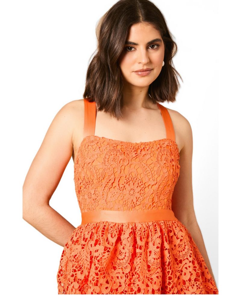 Women's Cross Strap Tiered Lace Midi Dress