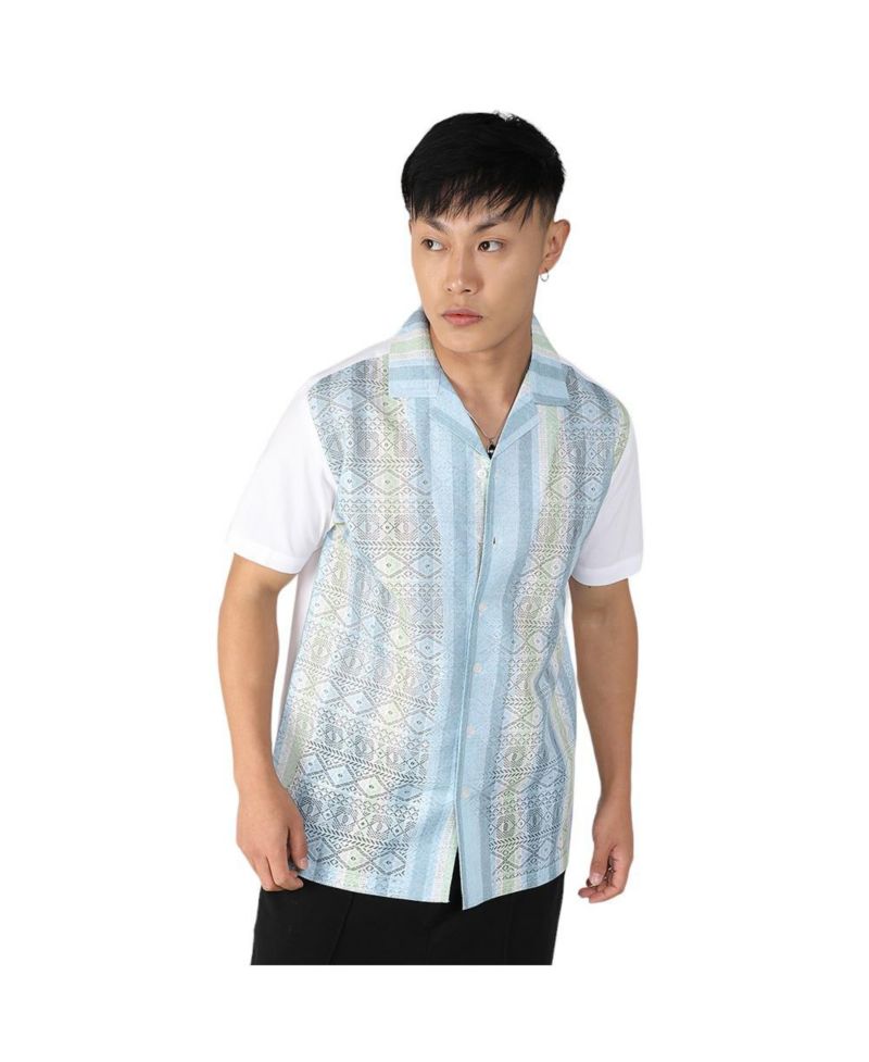 Men's Light Blue & Pale Yellow Fish Eye Ethnic Shirt