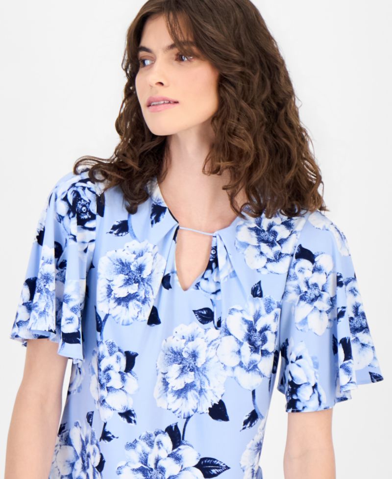 Women's Pleated Printed Bell-Sleeve Top