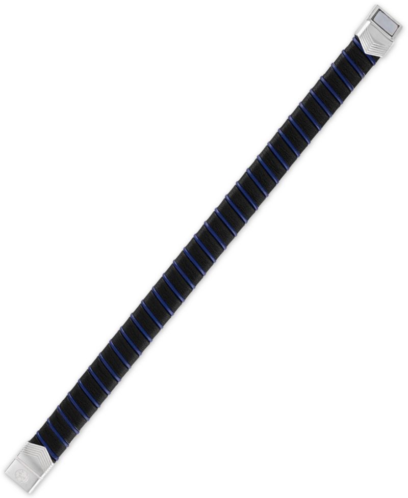 Woven Black & Blue Leather Bracelet in Sterling Silver