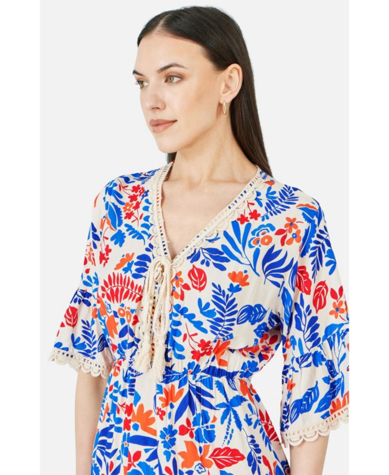Women's Leaf Print Kimono Sleeve Tunic Dress