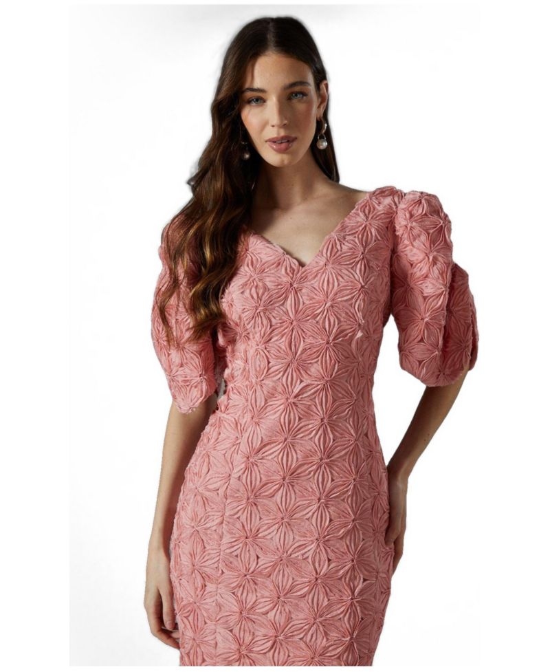 Women's Floral Pleated Puff Sleeve Pencil Dress