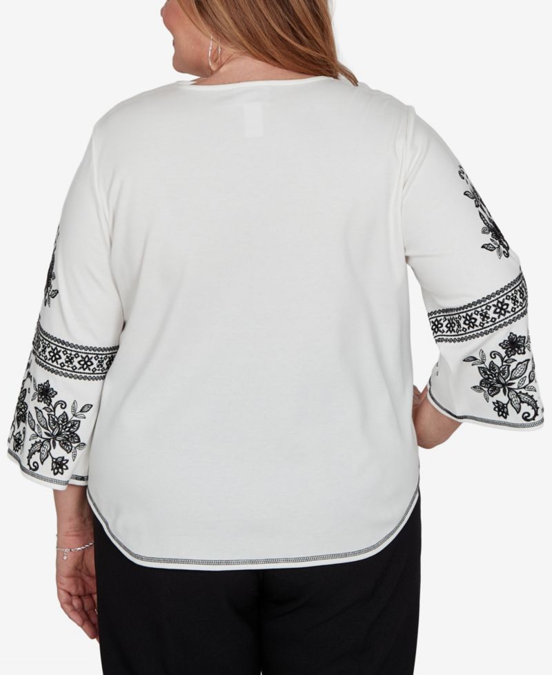 Plus Size 3/4-Sleeve Keyhole Neck Cotton-Blend Blouse