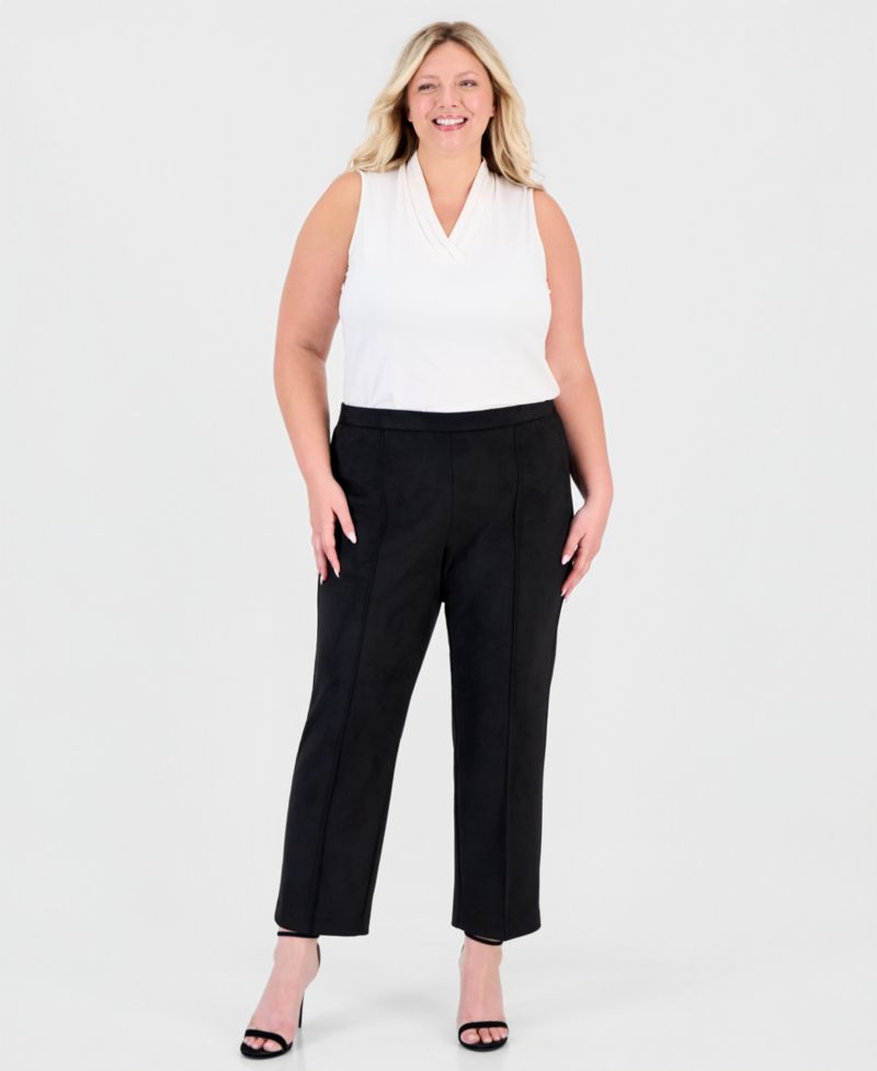 Plus Size Pull-On Pintuck Straight-Leg Scuba Suede Pants