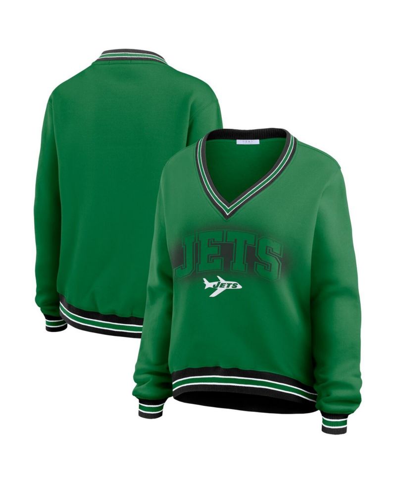 Women's Green New York Jets Oversized Long Sleeve V-Neck Sweatshirt