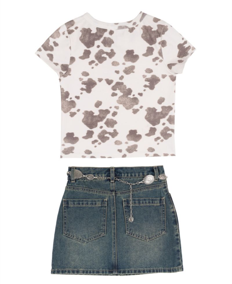 Girls' 7-12 Cow Printed Graphic T-Shirt and Denim Skirt, 2-Piece Set