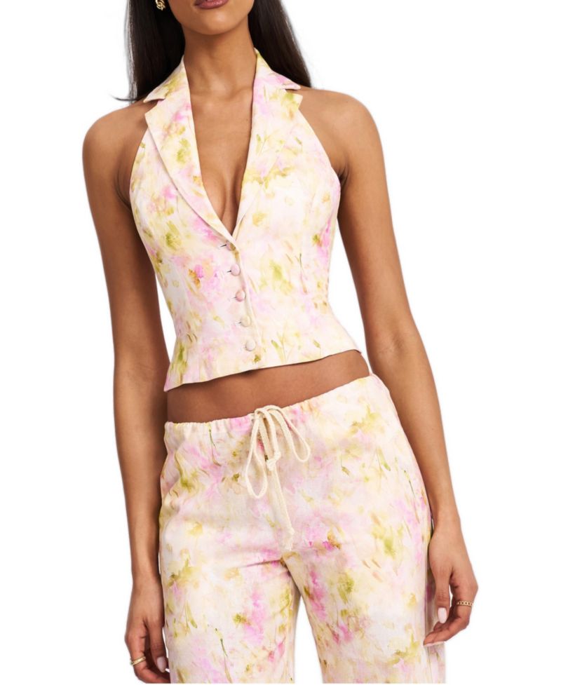 Women Lauren Pink Floral Print Ruched Back Linen Suit Vest