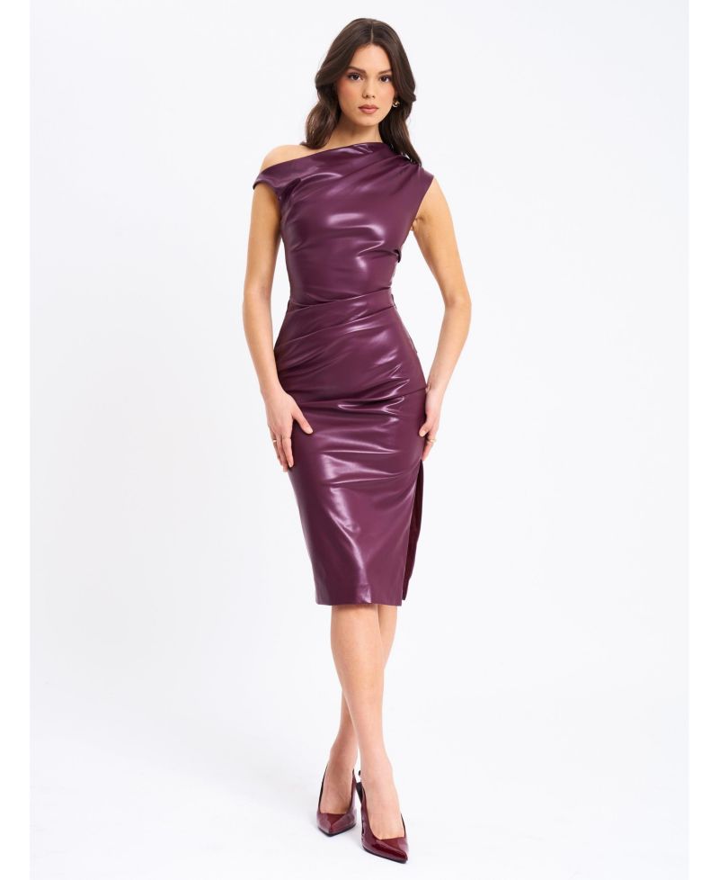 Women's Sabina Purple Leather Slash Neck Midi Dress