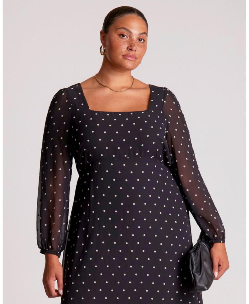Women's Sable Polka Dot Square Neck Long Sleeve Midi Dress