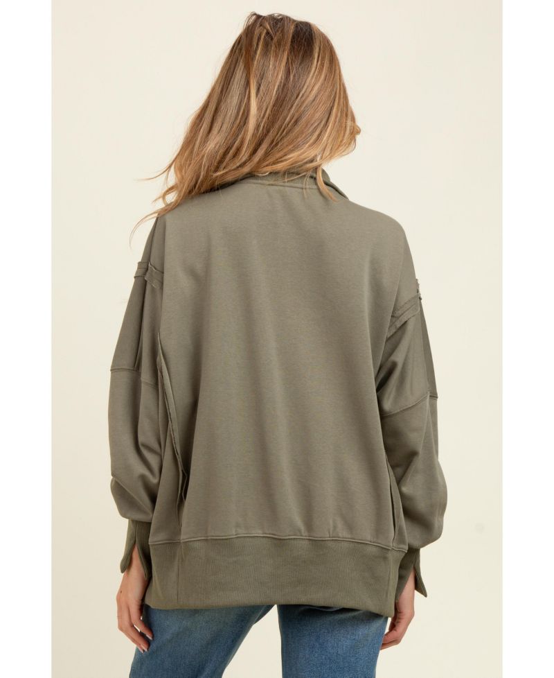 Women's Olive Snap Button Pullover Henley Sweatshirt