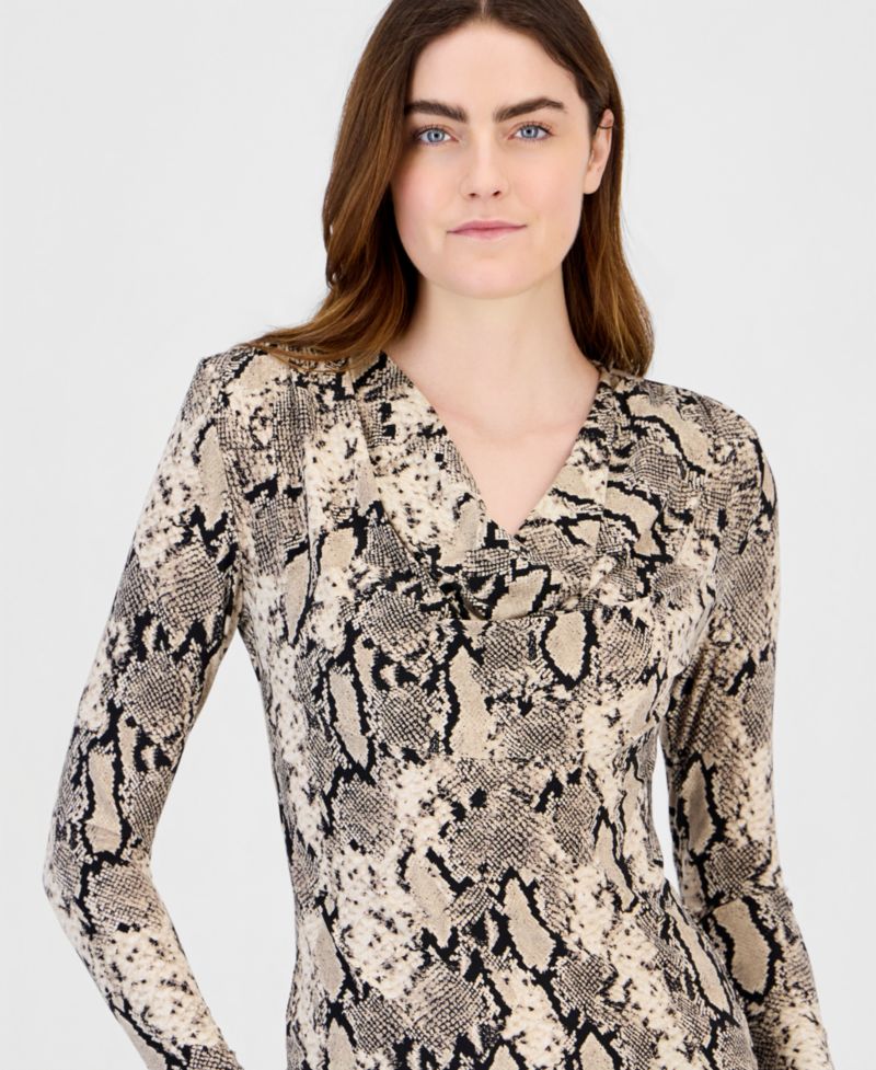 Women's Cowl Neck Long Sleeve Snake-Print Blouse