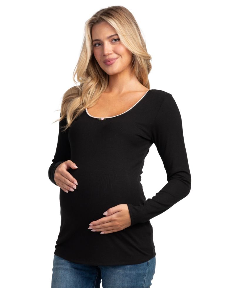 Maternity Long-Sleeve Scoop-Neck Lace-Trim T-Shirt