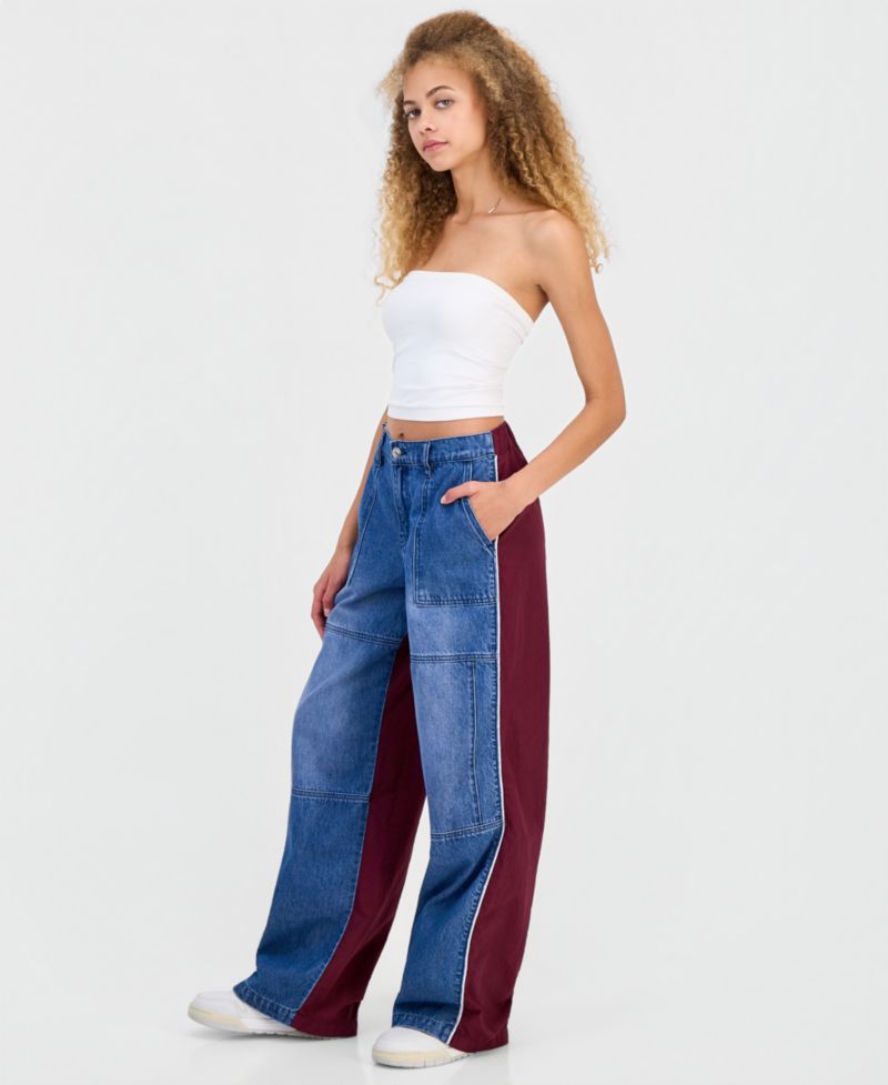Juniors' Mixed Materials Wide Leg Jeans