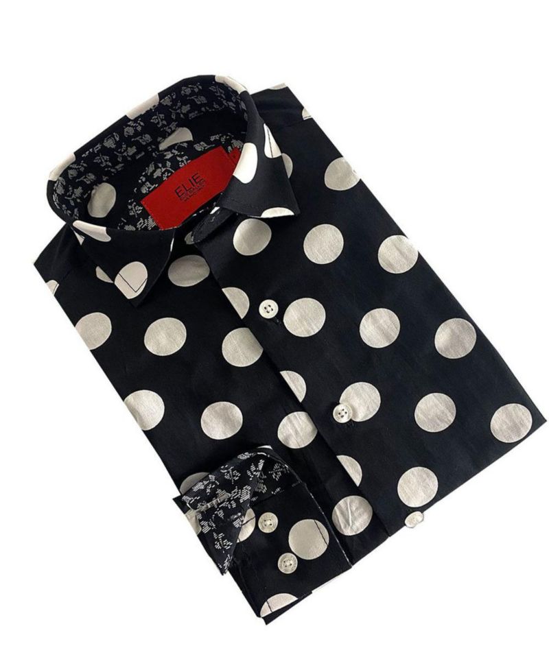 Little Boys Black Long Sleeve Navy Polka Dot Slim Fit Shirt