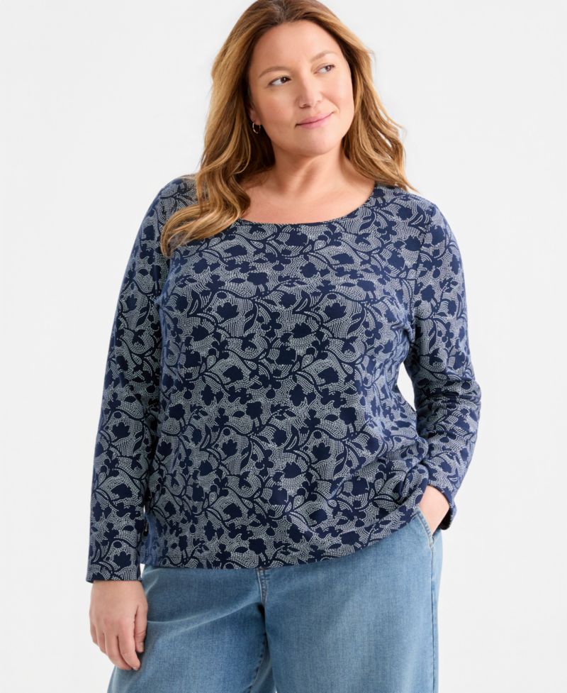 Plus Size Printed Long-Sleeve Scoop-Neck Top