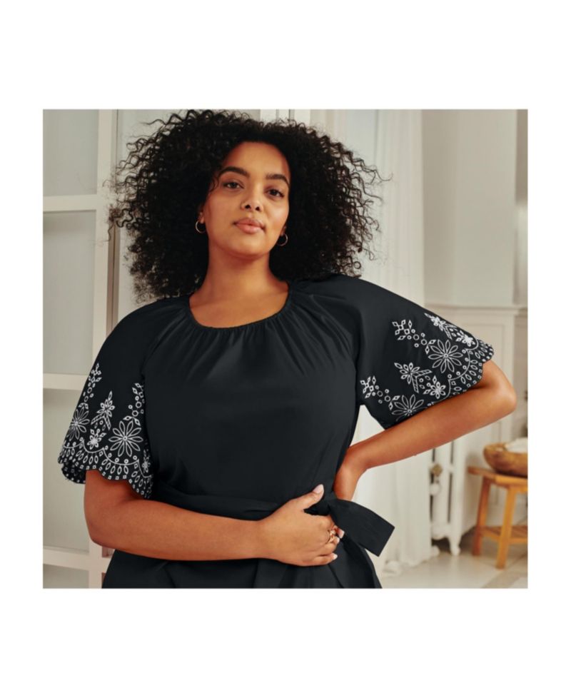 Plus Size Flutter-Sleeve Scallop-Edge Embroidery A-Line Midi Dress