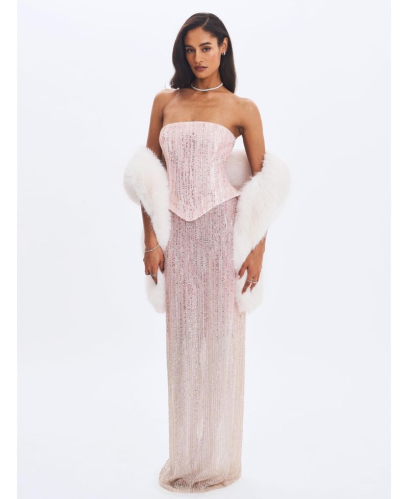 Women's Tosca Pink-to-White Beaded Gradient Strapless Maxi Dress
