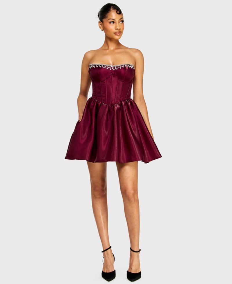 Juniors' Strapless Corset Bodice Dress with Draped Jewels at Top Trim