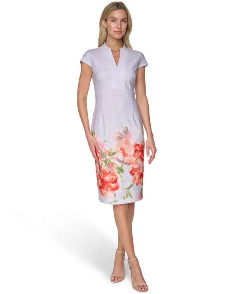 Petite Placement Printed Split V-Neck Sheath Dress