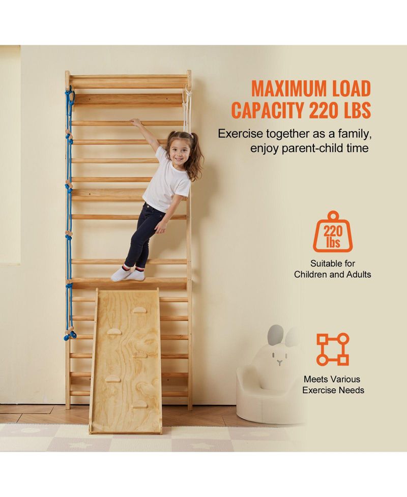 Kids Indoor Playground 5 in 1 Wooden Wall Gym with Swedish Ladder and Slide