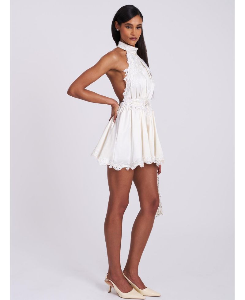 Women's Idalia Beaded Lace Trim Backless Halter Mini Dress