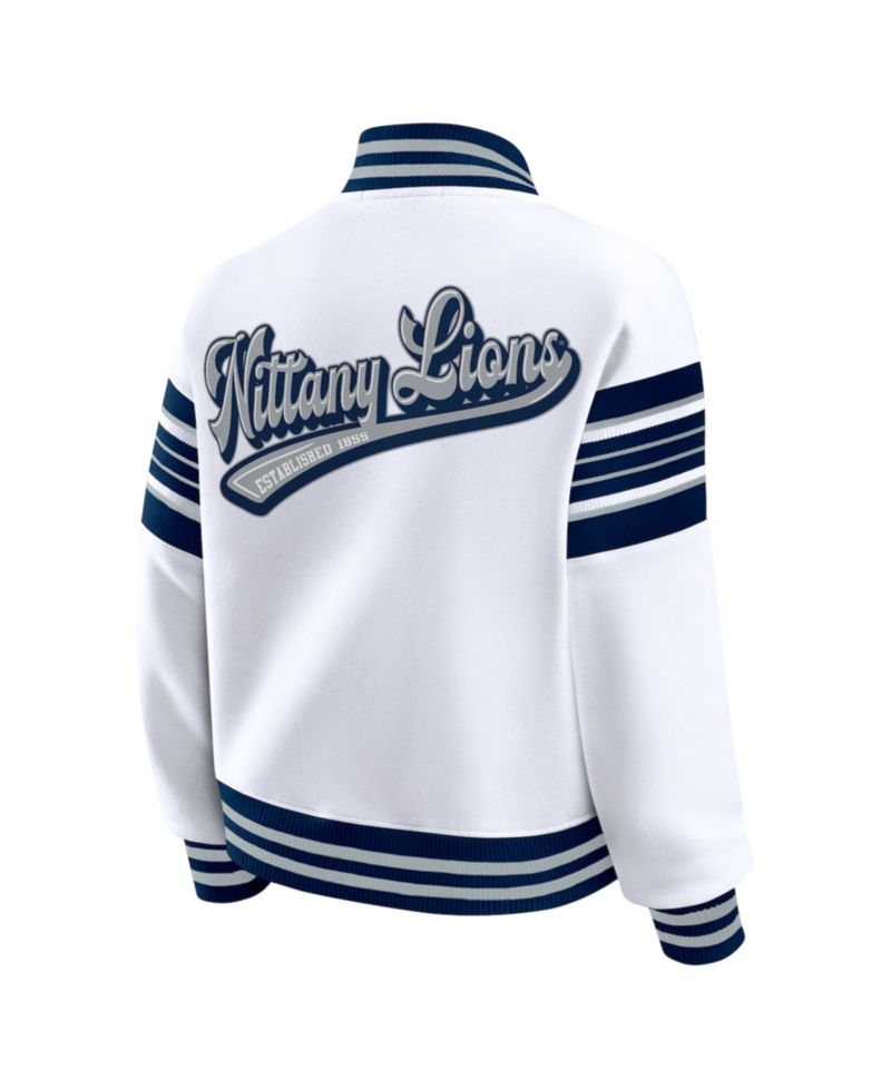 Women's White/Navy Penn State Nittany Lions Satin Stitch Full-Snap Fleece Sweatshirt Jacket