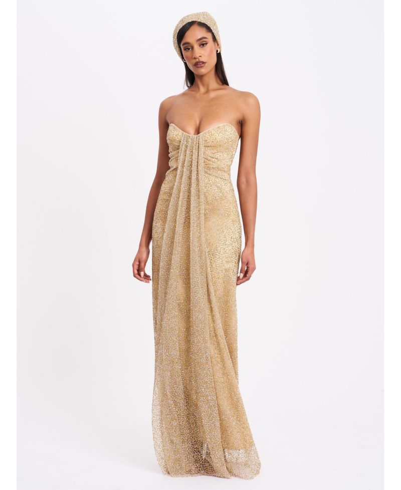 Women's Ada Gold Rhinestone Embellished Strapless Gown with Head Scarf