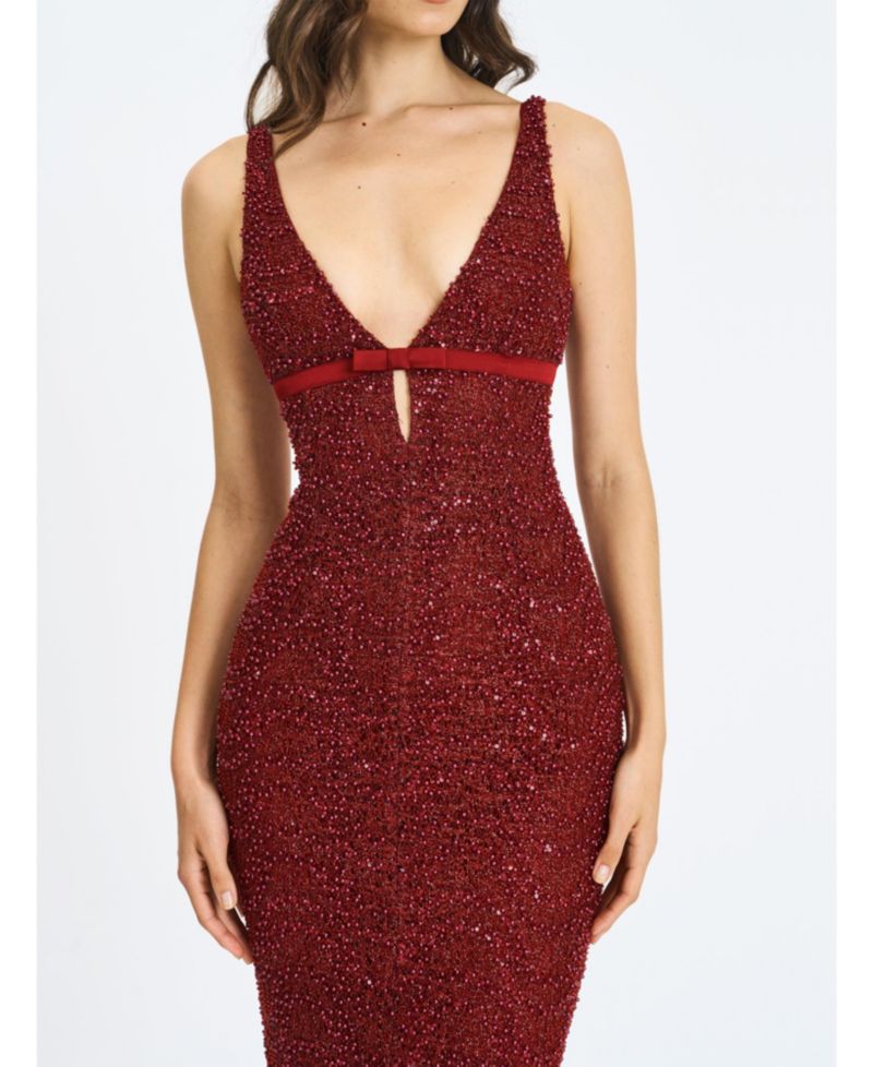 Women's Elora Crimson Sequin Beaded Keyhole Maxi Dress
