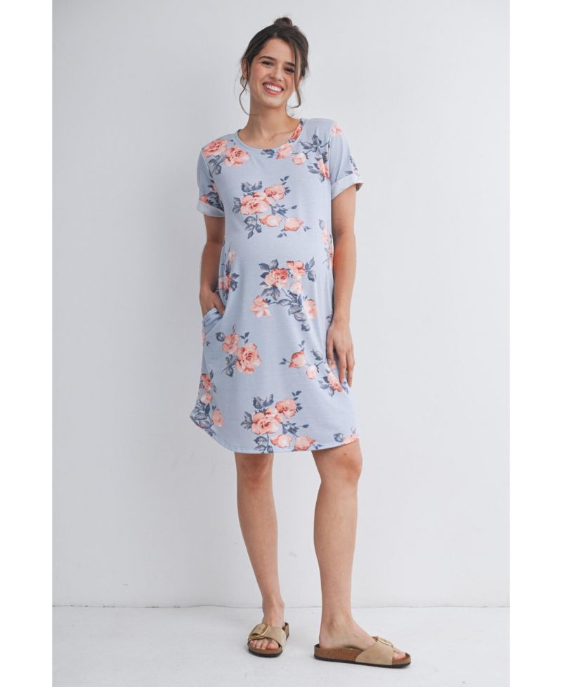Women's Floral Short Sleeve T-Shirt Dress with Pockets