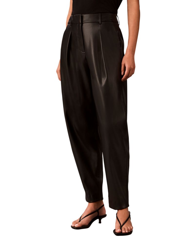 Women's Faux Leather High-Rise Pleated Barrel Leg Pants