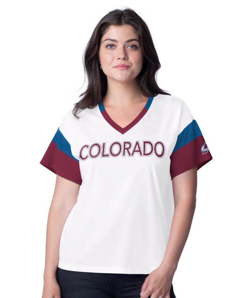Women's White Colorado Avalanche Rink Oversized Rhinestone V-Neck T-Shirt