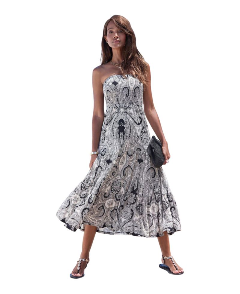 Women's Viscose Printed Convertible Tiered Smocked Bandeau Midi Dress