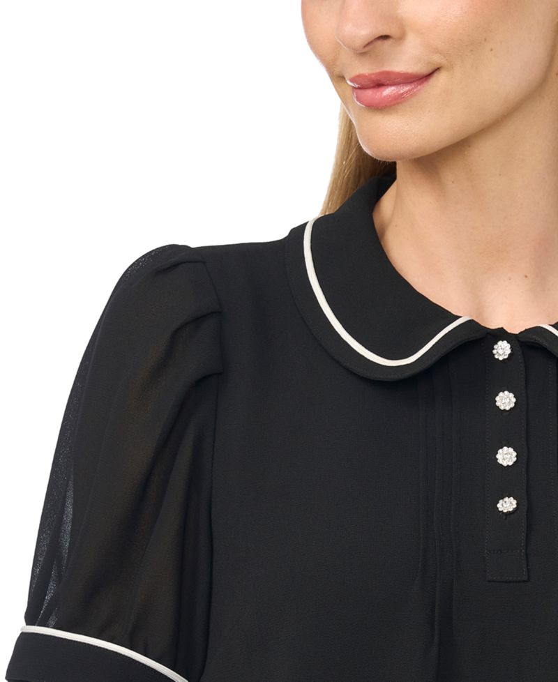 Women's Puff Short-Sleeve Pintuck Pleat Peter Pan Collar Top