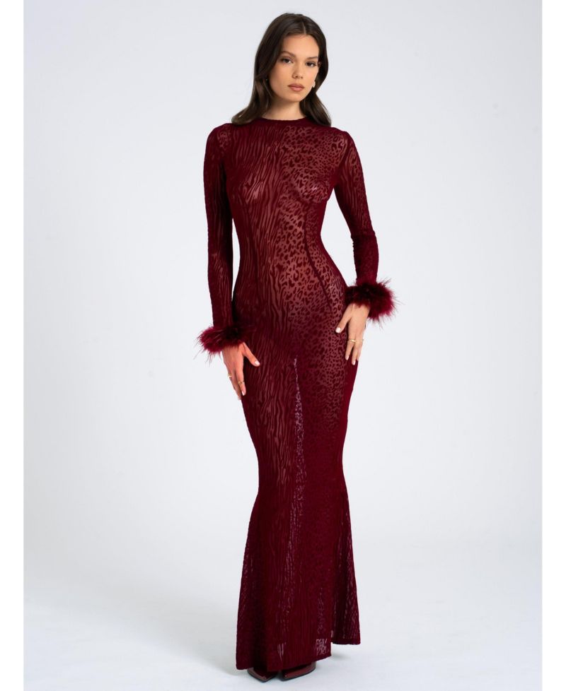 Women's Patricia Burgundy Leopard Burnout Velvet Mesh Backless Maxi Dress