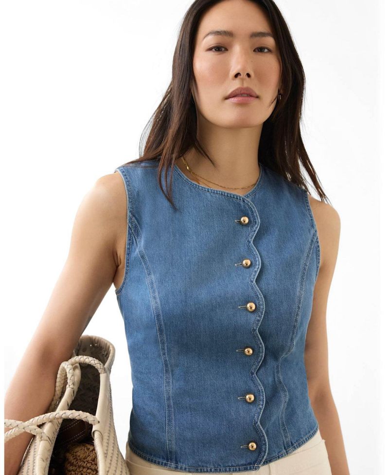 Women's Sleeveless Scallop Detail Denim Waistcoat