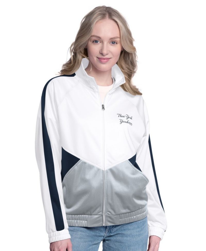 Women's White/Navy New York Yankees Rally Rhinestone Raglan Full-Zip Track Jacket
