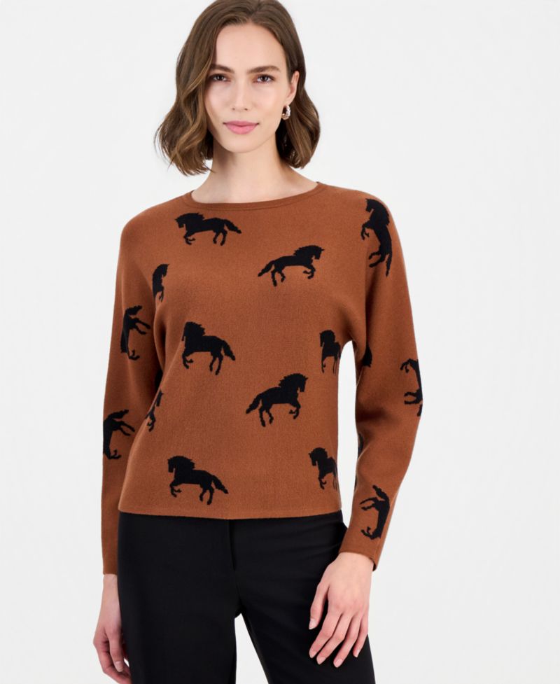Women's Dolman Sleeve Crewneck Horse Jacquard Pullover Sweater