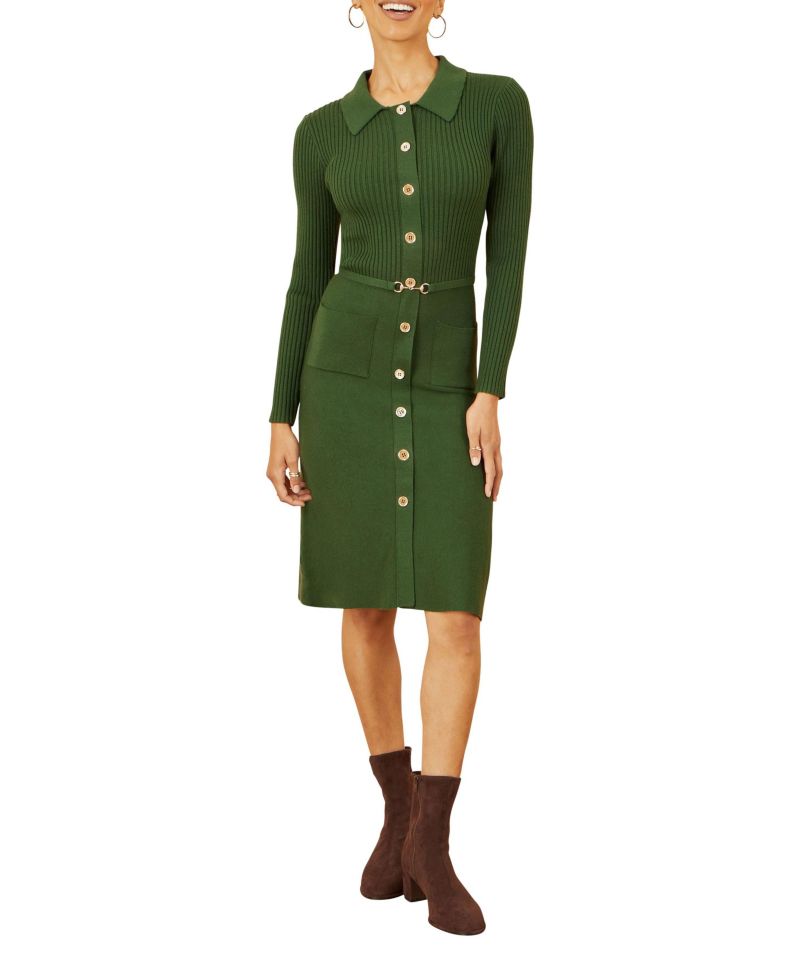 Women's Belted Rib Knit Midi Dress With Pockets