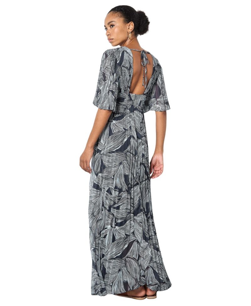Women's Floral-Print Short-Sleeve Pleated Chiffon Maxi Dress
