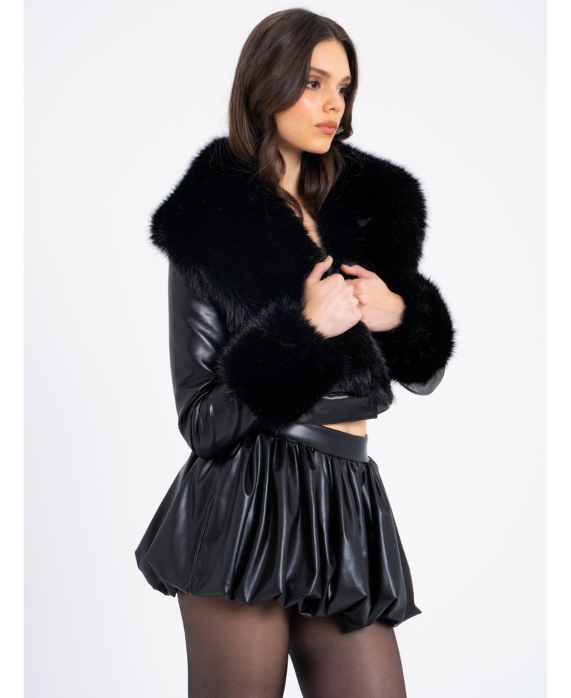 Women's Ziah Cropped Leather Jacket with Fur Collar