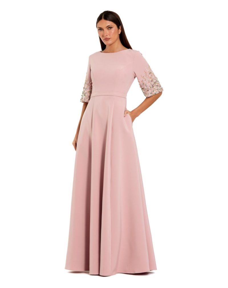 Women's 3/4 Sleeve Crepe Gown With Sleeve Embellishments