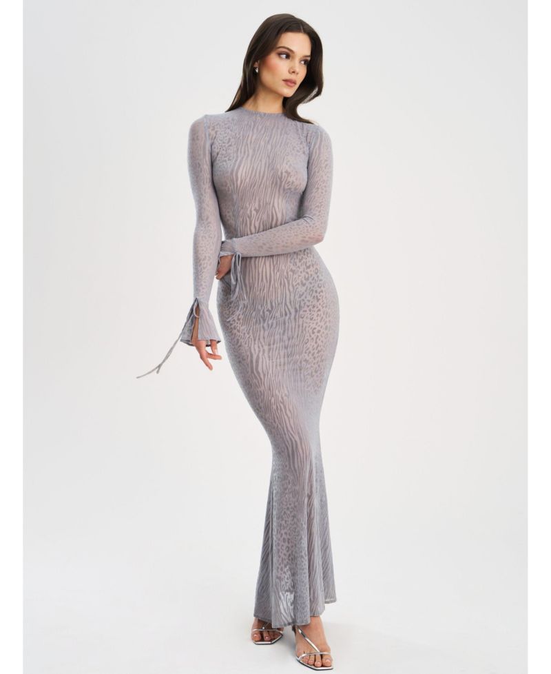 Women Waylynn Gray Animal Print Burnout Velvet Detail Mesh Backless Maxi Dress