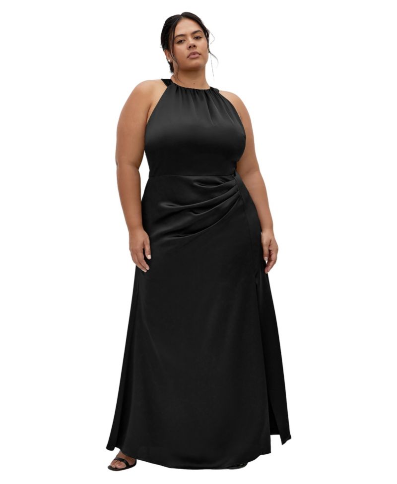 Plus Size Celina Halter Maxi Side-Pleated Dress