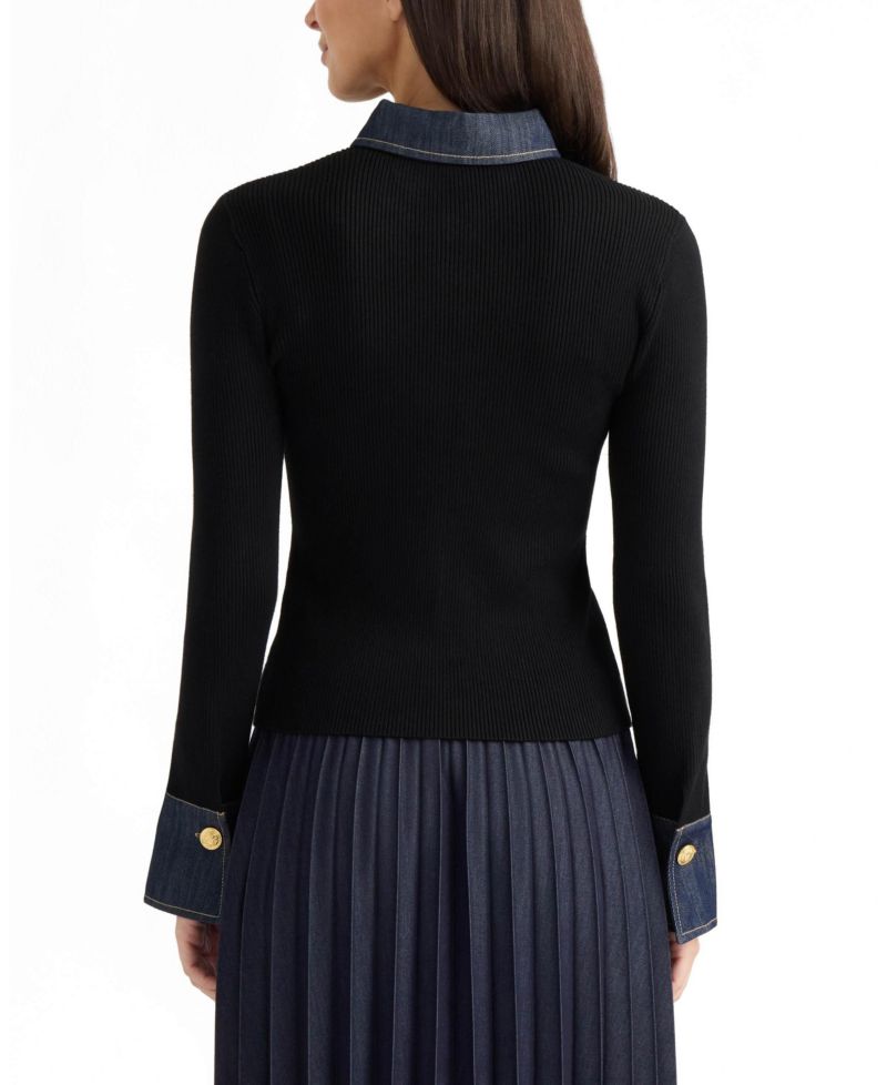 Women's Collared Button-Front Denim Trim Cardigan