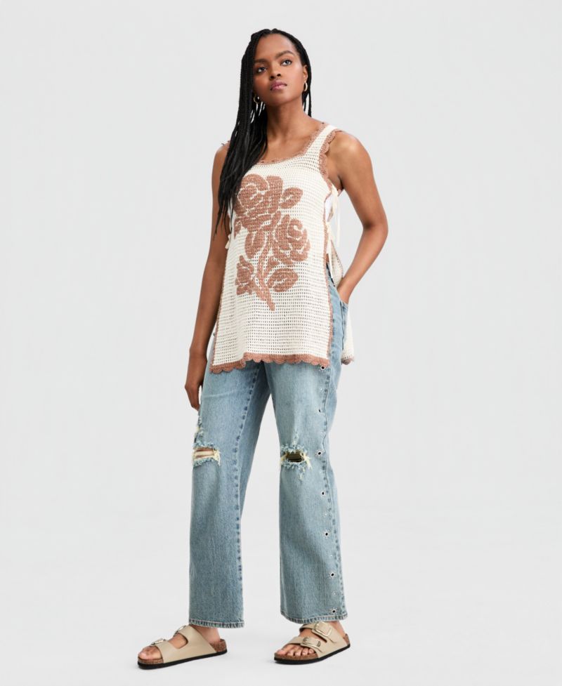 Petite High-Rise Distressed Embellished Straight-Leg Jeans