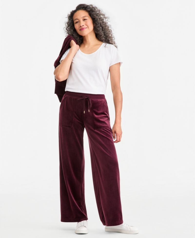 Petite Pull-On Wide-Leg Velour Lounge Pants